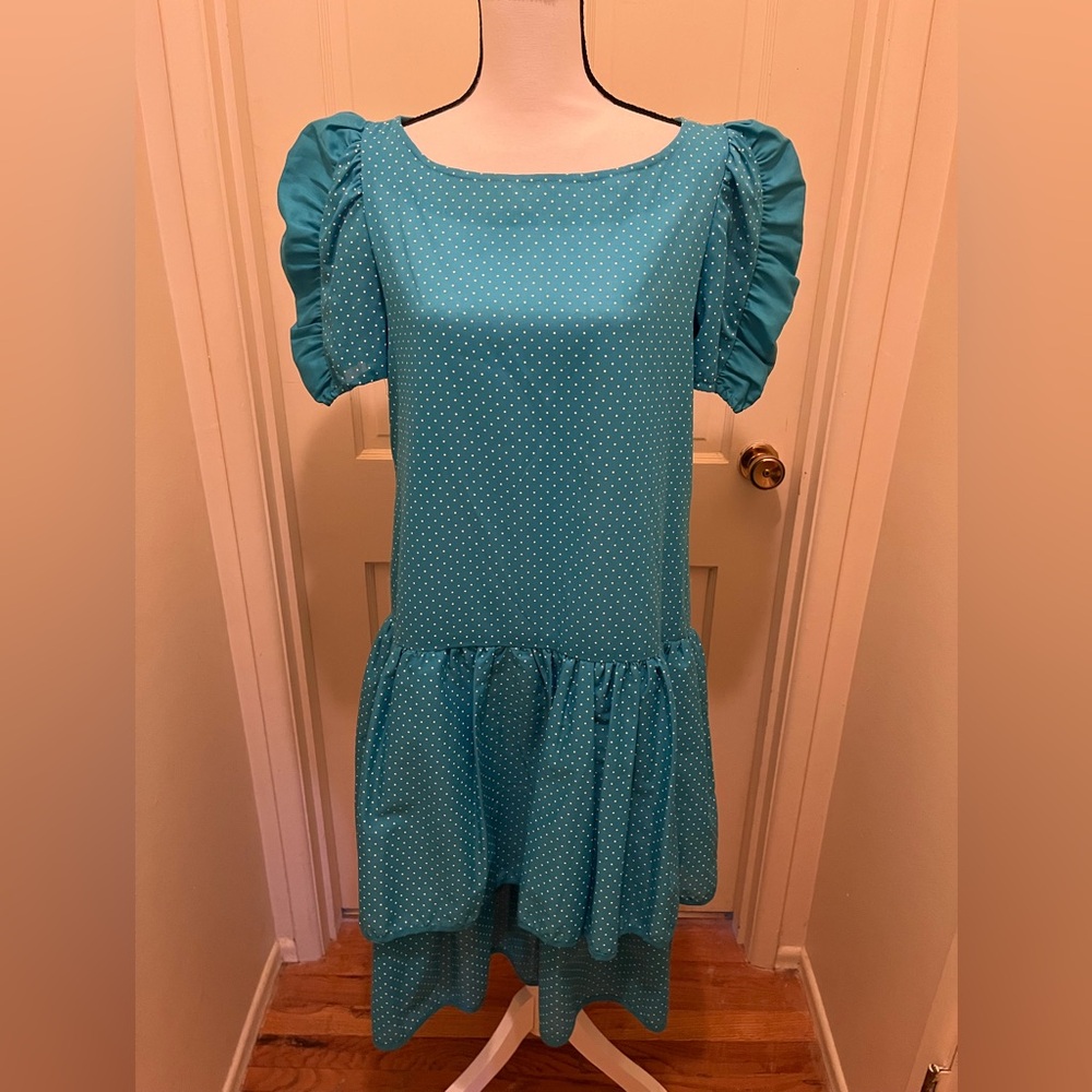 Vintage 70s 80s Polka Dot Turquoise Midi Dress Dress Sz M